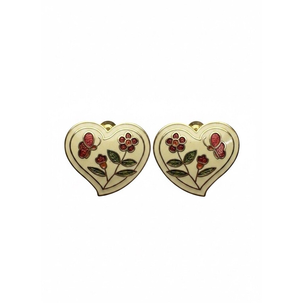 Vintage Ivory cloisonné heart small Clip Ons butterfly/flowers earrings HTF
